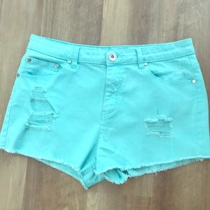 Teal Denim Distressed Shorts